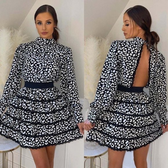 Dresses & Skirts - Black and White Long Sleeve High Neck Open Back Tiered Mini Dress